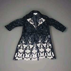 Donna Vinci Embroidered Sheer Tunic Dress Sz 14 Navy Blue Church Formalwear Boho